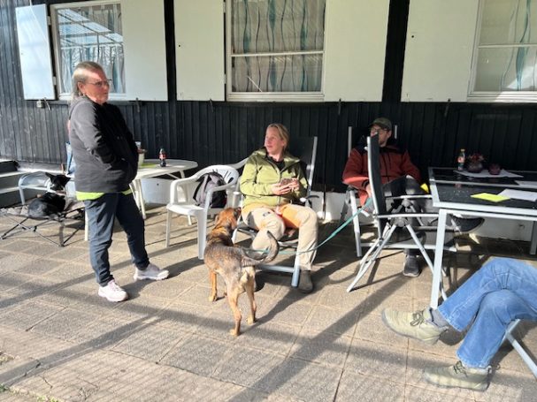 Eine Gruppe von Menschen sitzt draußen, ein Hund steht zwischen ihnen.