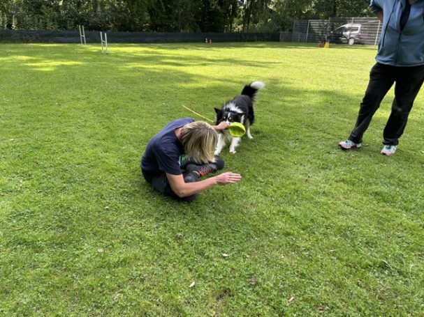 Frau zergelt mit Hund