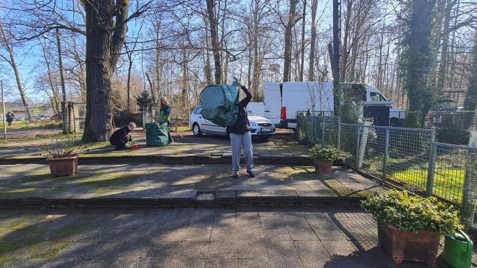 Person hebt eine große runde Fläche in einem Garten mit Bäumen und Pflanzen.